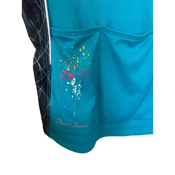 Pearl Izumi Women’s Cycling Jersey Large Teal Black Graphic Zip Back‎ Pockets SS - Picture 4 of 9